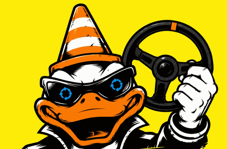 Duckey, maskot autoservisu Quack – káčer v slnečných okuliaroch